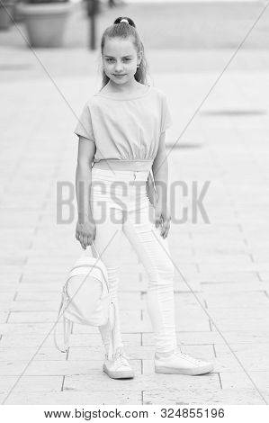 Only Fun On My Mind. Kid Long Hair Enjoy Walk Sunny Day. Summer Holidays. Charming Stylish Fashionab