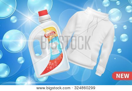 Laundry Detergent Advertising. Realistic Bottle Detergent. Washing Clothes Vector Poster With White 