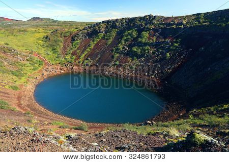 Kerid volcanic crater lake in Iceland, Europe