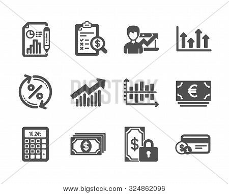 Set Of Finance Icons, Such As Euro Currency, Diagram Chart, Loan Percent, Private Payment, Calculato