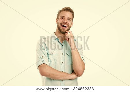 Celebrate Good Result. Solution For All Problems. Find Solution. Man With Bristle Smiling Face White