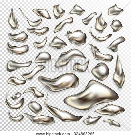 Molted Precious Metal Drops, Liquid Silver Blots, Mercury Swirls 3d Realistic Set Isolated On Backgr