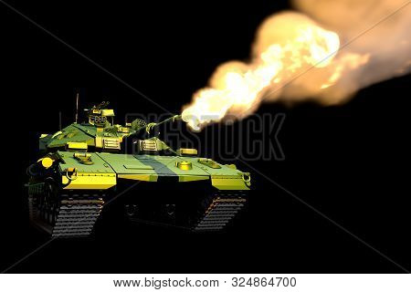 Forest Camouflage Modern Tank With Fictive Design Fire Isolated On Black, Detailed Victory Day Conce