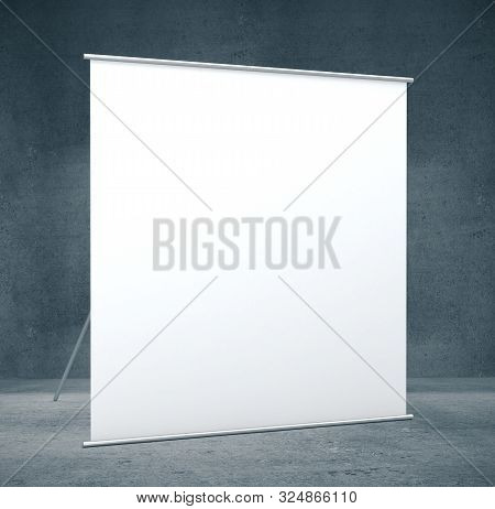 Empty Screen For Projector In Grai Interior. Advertising, Gallery Concept. Mock Up, 3d Rendering