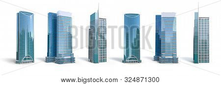 Different skyscraper buildings isolated on white. 3d illustration
