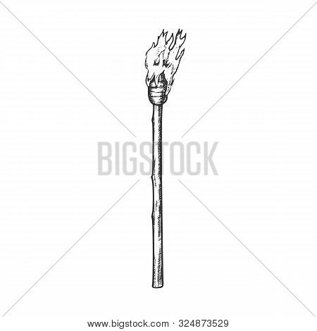 Torch Tall Handmade Wood Burning Stick Ink Vector. Hawaiian Antique Torch Fire Lamp, Lighting Night 