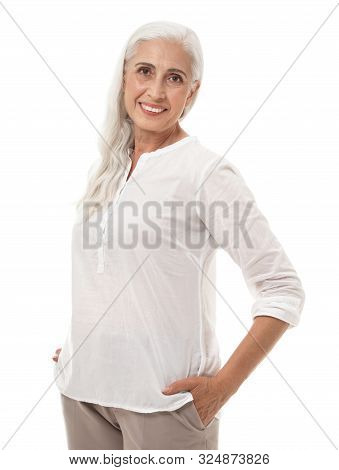 Portrait Of Beautiful Mature Woman On White Background