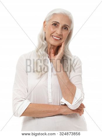 Portrait Of Beautiful Mature Woman On White Background