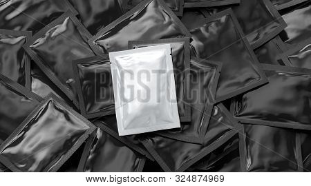 Blank White Sachet Packet On Black Big Stack Mockup, 3d Rendering. Empty Sugar And Pepper Wrapper He