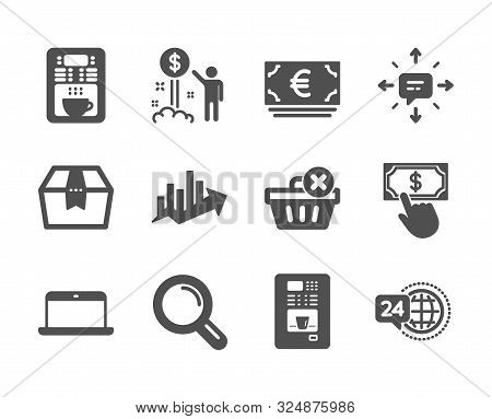 Set Of Business Icons, Such As Coffee Vending, Growth Chart, 24h Service, Sms, Coffee Maker, Researc