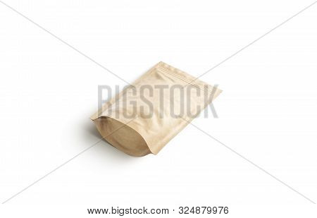 Blank Craft Zipper Pouch Lying Mock Up Isolated, Side View, 3d Rendering. Empty Paper Flexible Pac F