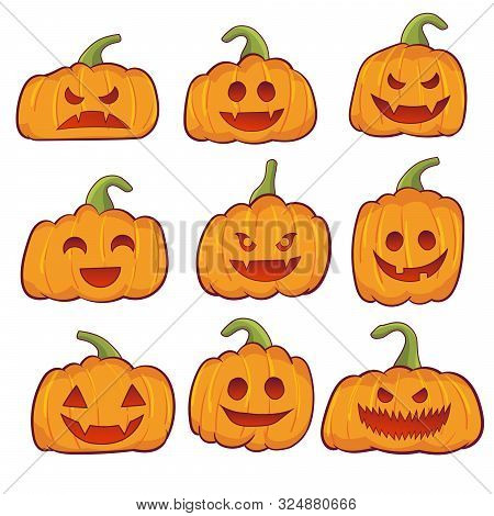Set Of Halloween Pumpkins Vector Illustration, Jack O Lantern Background