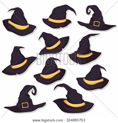 Set Of Halloween Hat Vector Illustration. Witch Hat Isolated On White