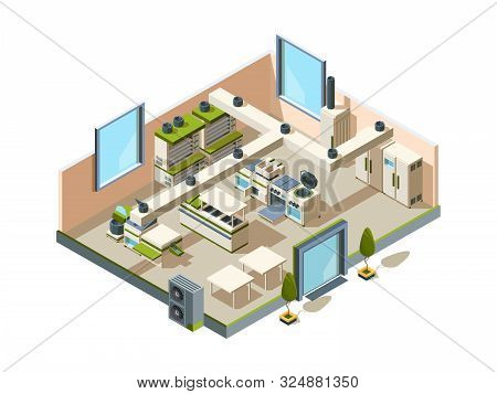 Restaurant Kitchen. Cafe Interior With Furniture Equipment For Cooking And Making Food Steel Tables 