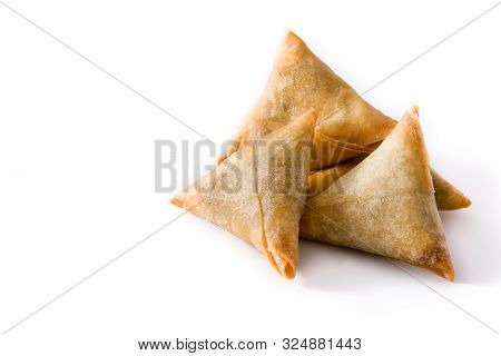 Samsa Or Samosas With Meat And Vegetables Isolated On White Background. Traditional Indian Food. Cop