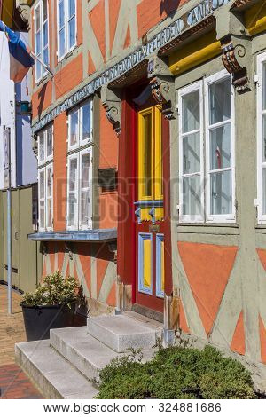 Lauenburg, Germany - April 16, 2019: Colorful Front Door In Historic City Lauenburg, Germany