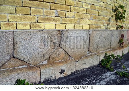 Polygonal foundation masonry. The masonry is similar to the abandoned cities of South America. The mystery of local history. The Kiev Fortress. In Kiev,Ukraine
