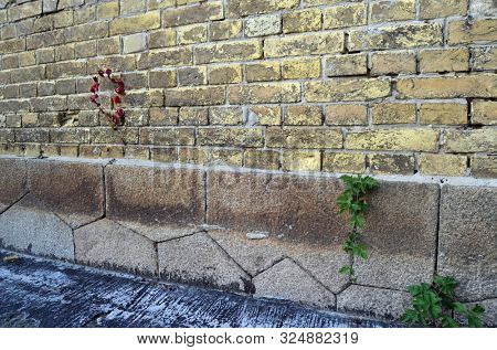 Polygonal foundation masonry. The masonry is similar to the abandoned cities of South America. The mystery of local history. The Kiev Fortress. In Kiev,Ukraine