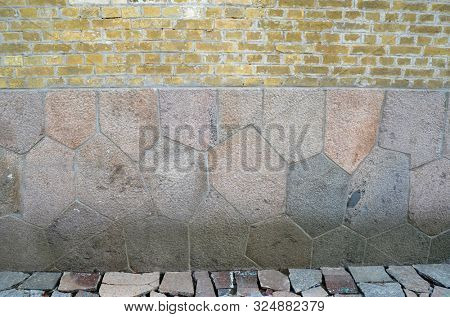 Polygonal foundation masonry. The masonry is similar to the abandoned cities of South America. The mystery of local history. The Kiev Fortress. In Kiev,Ukraine