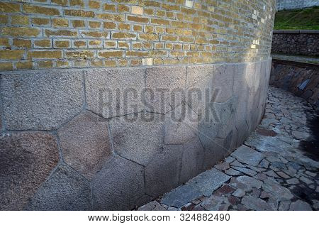 Polygonal foundation masonry. The masonry is similar to the abandoned cities of South America. The mystery of local history. The Kiev Fortress. In Kiev,Ukraine