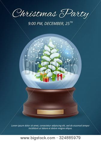 Christmas Poster. Transparent Crystallizing Magic Snowglobe Christmas Party Invitation Vector Placar