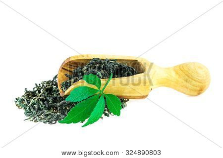 Jiaogulan Miracle Grass Leaf Chinese Herb Tea In Wooden Spoon On White