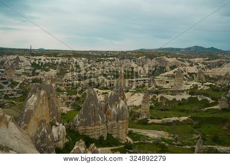 Sunrise Panoramic View To Goreme City And Pigeon Valley Cappadocia, Turkey