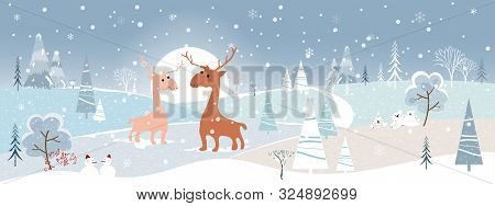 Wonderland Winter Landscape With Mountains,snow Falling, Christmas Tree, Snow Man, Polar Bear Family