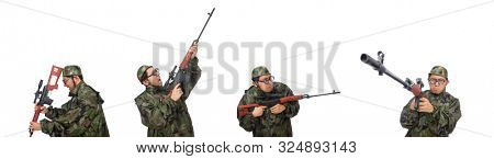 Military man with a gun isolated on white