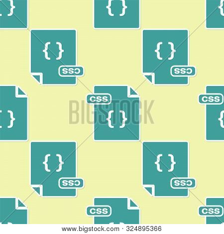 Green Css File Document. Download Css Button Icon Isolated Seamless Pattern On Yellow Background. Cs