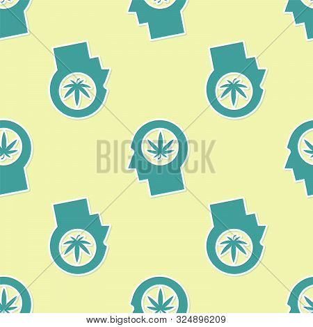 Green Silhouette Of Male Head In Profile With Marijuana Or Cannabis Leaf Icon Isolated Seamless Patt