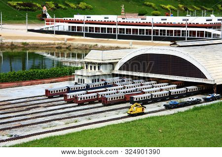 Bangkok Railway Station And Railroad To The Bridge. Mini Siam Park In Pattaya City, Thailand In 10Th
