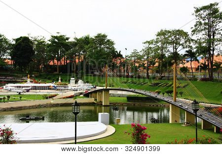 Bangkok Railway Station And Railroad To The Bridge. Mini Siam Park In Pattaya City, Thailand In 10Th