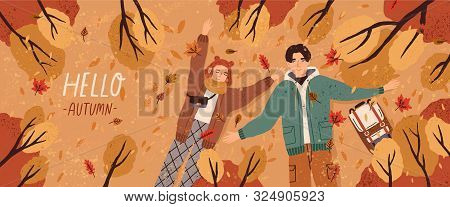 Hello Autumn Flat Banner Vector Template. Postcard Layout With Couple Lying On Ground Top View. Fall