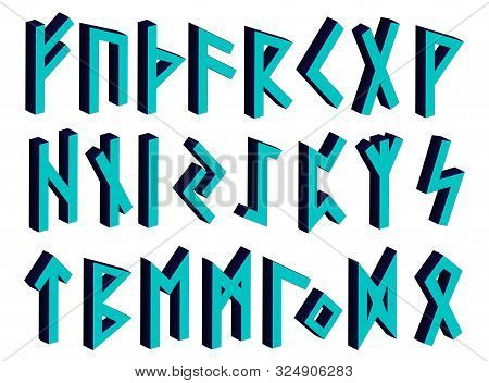 Set Of Old Norse Runes. 3d Blue Runic Alphabet, Futhark. Ancient Occult Viking Characters Letters On