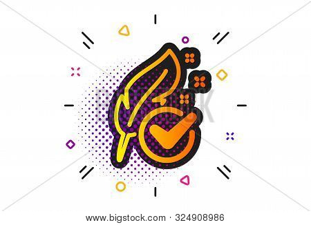 Feather Sign. Halftone Circles Pattern. Hypoallergenic Tested Icon. No Synthetic Symbol. Classic Fla