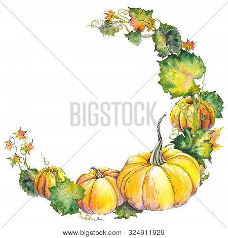 Watercolor Autumn Wreath Witn Pumpkins, Leaves And Flowers. Isolated Illustration On White Backgroun