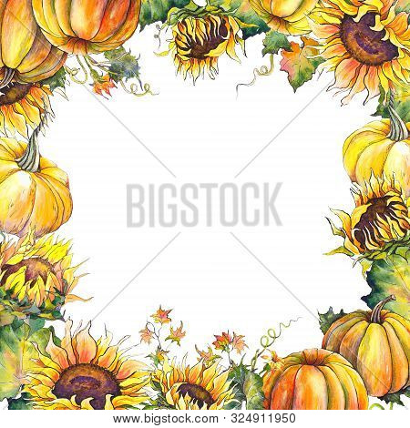 Square Card With Pumpkins, Sunflowers And Leaves. Watercolor Illustration On White Background.