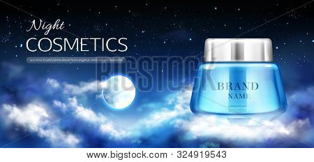 Night Cosmetics Jar Banner Mock Up, Beauty Cream Bottle On Dark Background With Starry Sky, Full Moo