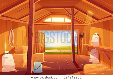 Farm Barn House Inside. Empty Wooden Ranch Interior With Haystacks, Sacks, Fork, Open Gate And Green