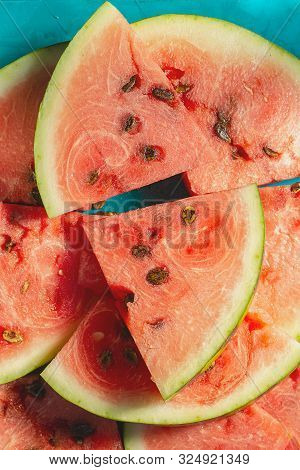 Lot Of Watermelon Slices, Background And Texture, As Ingient Of Food, Meal, Tasty, Very Juicy