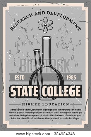 State College, Higher Education In Chemistry And Microbiology Retro Poster. Vector High School Study