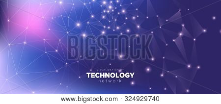 Gradient Technology Business. Big Data. Dark Dots Network. Violet Triangles Background. Technology W