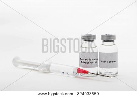 Medical Concept Showing Medical 2 Medical Vials Reading Mmr Vaccine And Measles, Mumps & Rubella Vac