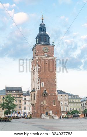 Krakow, Poland - July 26, 2019: View Of Town Hall Tower At Main Market Square In The Old Town Of Kak