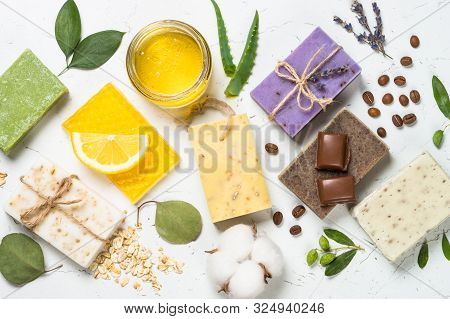 Natural Soap Bars With Ingredients. Aloe, Lavender, Eucalyptus, Olive, Honey, Coffee, Tee Tree Oil A