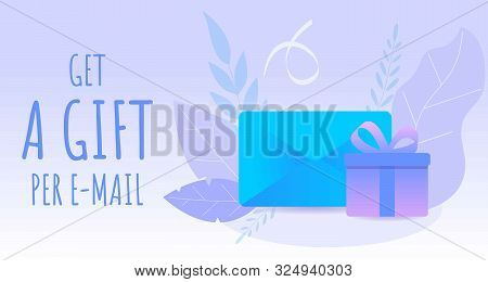 Web Banner With Gift And Message. Blue Envelope And Purple Gift Box Decorated Ribbons And Leafs. Vec