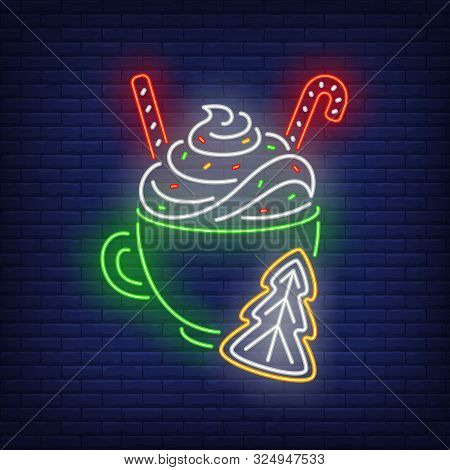 Christmas Drink Neon Sign. Cocoa, Cream, Egg-nog, Mug, Cookie, Candy Cane. Vector Illustration In Ne