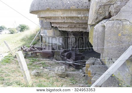 Longues Sur Mer, France - August 14, 2018: World War Defence Battery At Longues Sur Mer