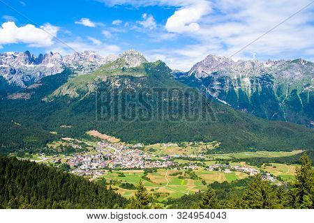 Aerial View Of Andalo, Turistic Town In The Dolomites, Trentino, Italy